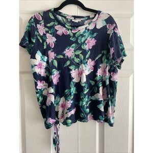 J Jill Love Linen Womens Large Navy Floral Tie Front Top Cottagecore Fem Comfort